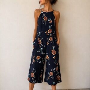 Xhilaration Black Floral Jumpsuit Halter Neck Wide Leg Medium Boho Summer